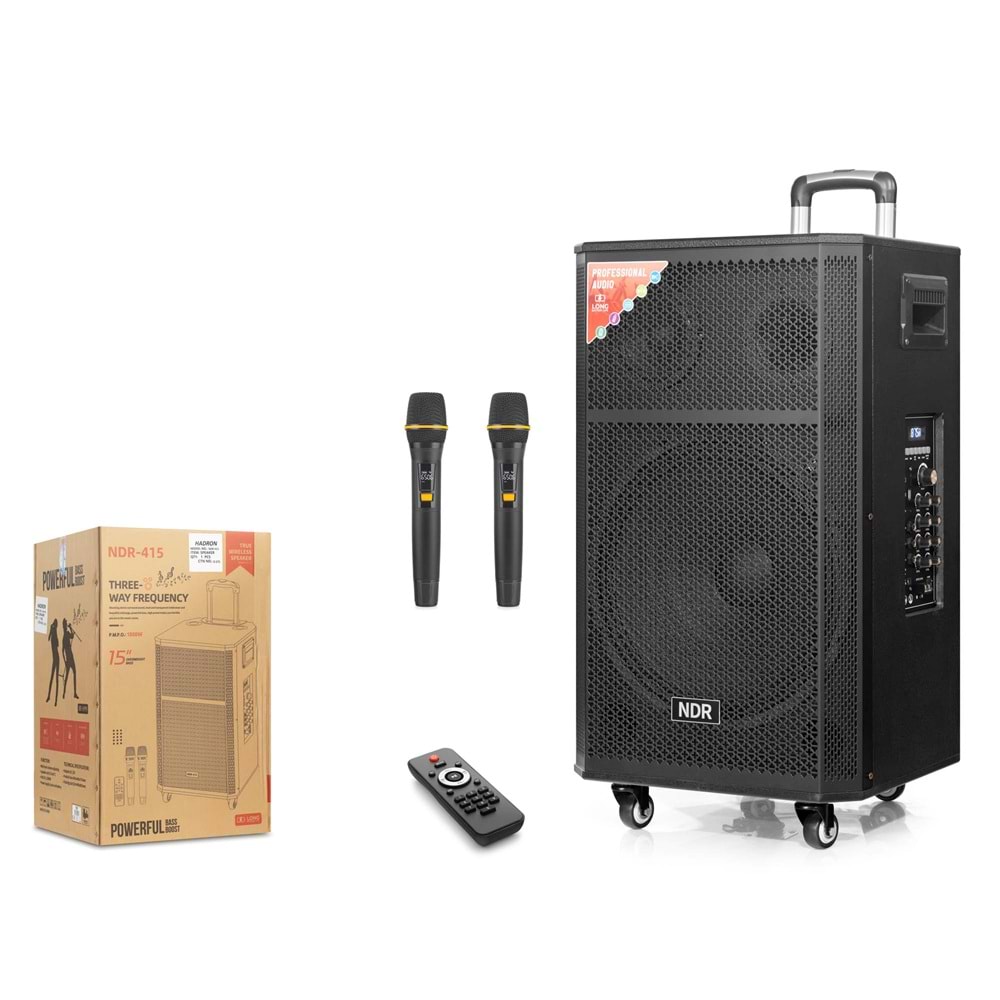 NDR NDR415 Çift Karaoke Mikrofonlu Bluetooth Hoparlör FM Radyo 120W 15 İnç Kumandalı Ahşap