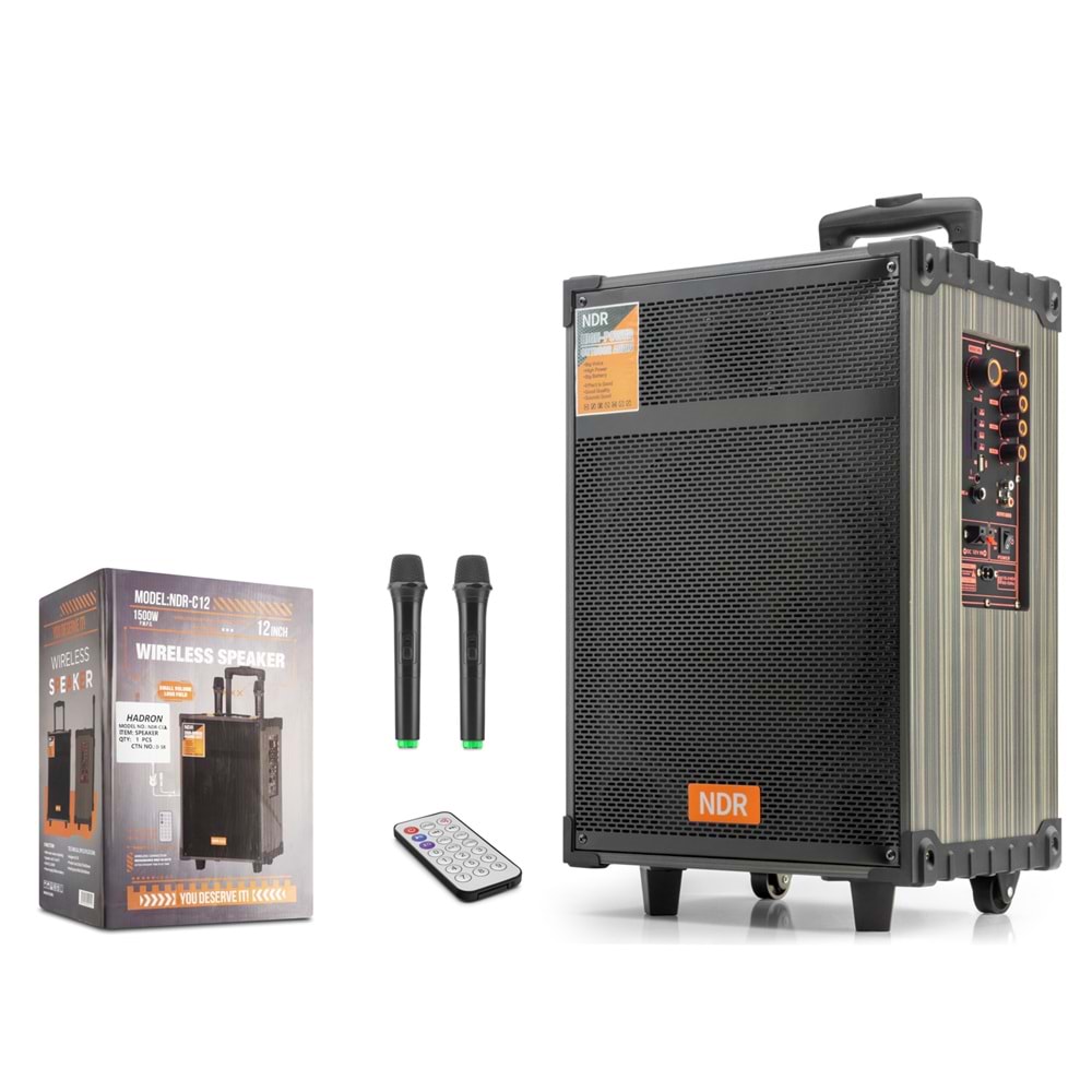 NDR NDRC12 Çift Karaoke Mikrofonlu Bluetooth Hoparlör FM Radyo 40W 12 İnç Kumandalı Ahşap