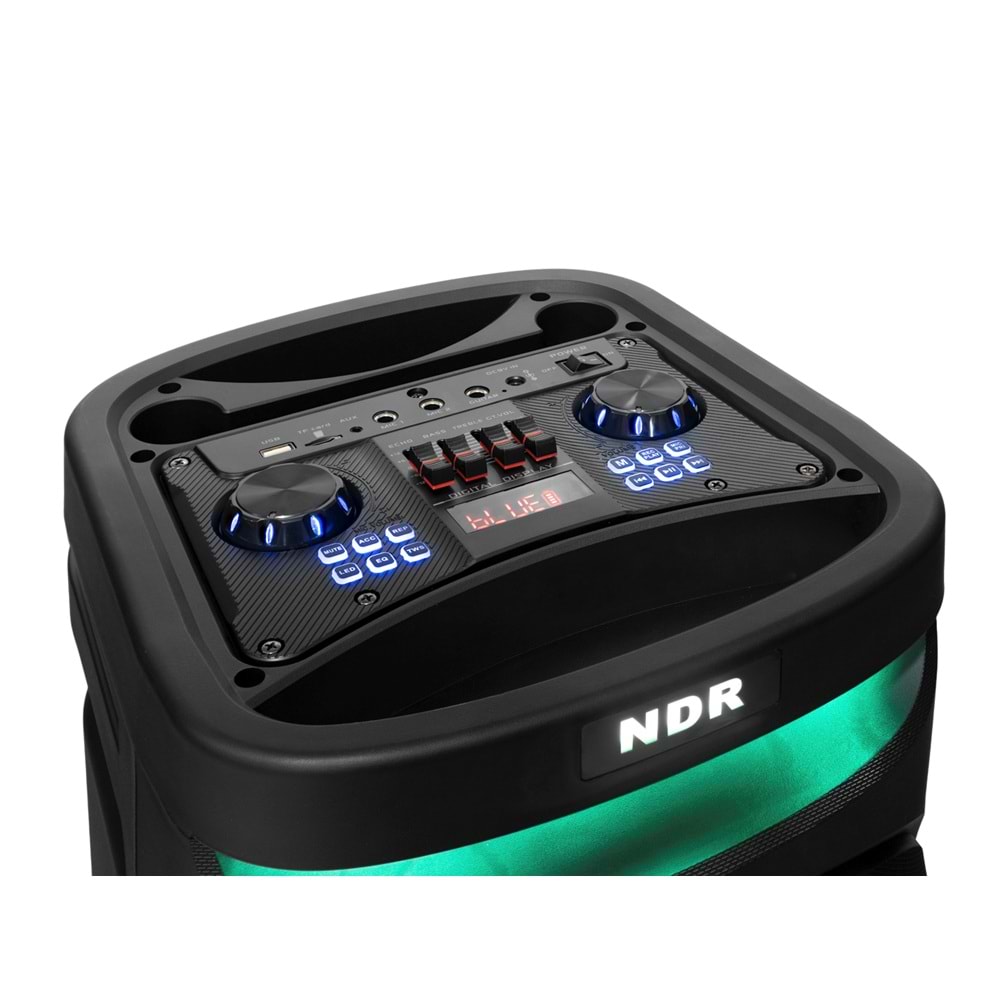 NDR NDRX920 Çift Karaoke Mikrofonlu Bluetooth Hoparlör FM Radyo 40W 2x10 İnç RGB Kumandalı Siyah