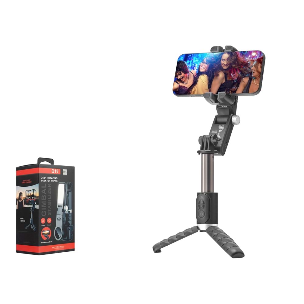 TOKQI Q18 Tek Eksenli Gimbal Selfie Çubuğu AI Takipli Işıklı Bluetooth Tripod 70 cm Siyah