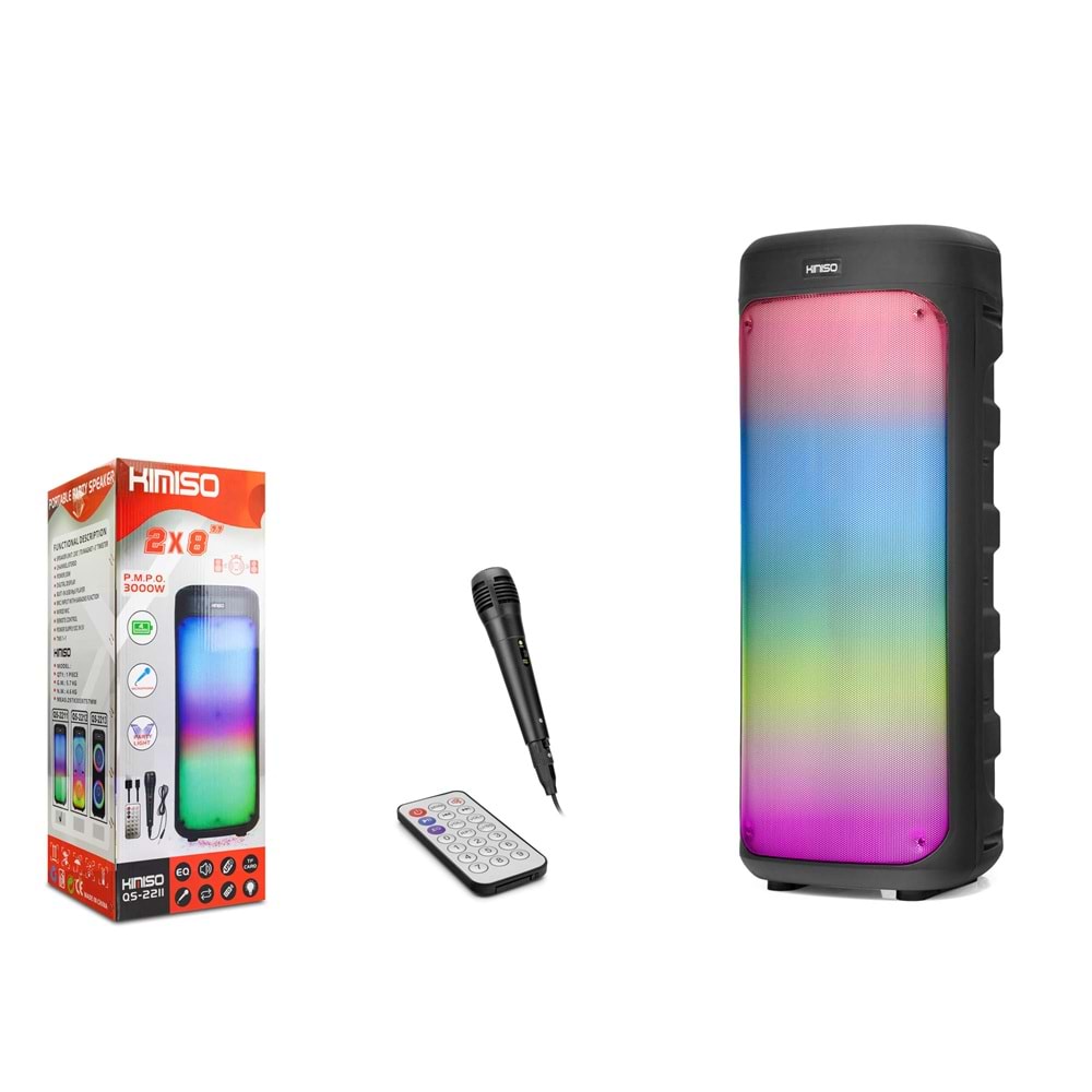 KIMISO QS2211 Karaoke Mikrofonlu Bluetooth Hoparlör FM Radyo 2x8 İnç RGB Kumandalı Siyah