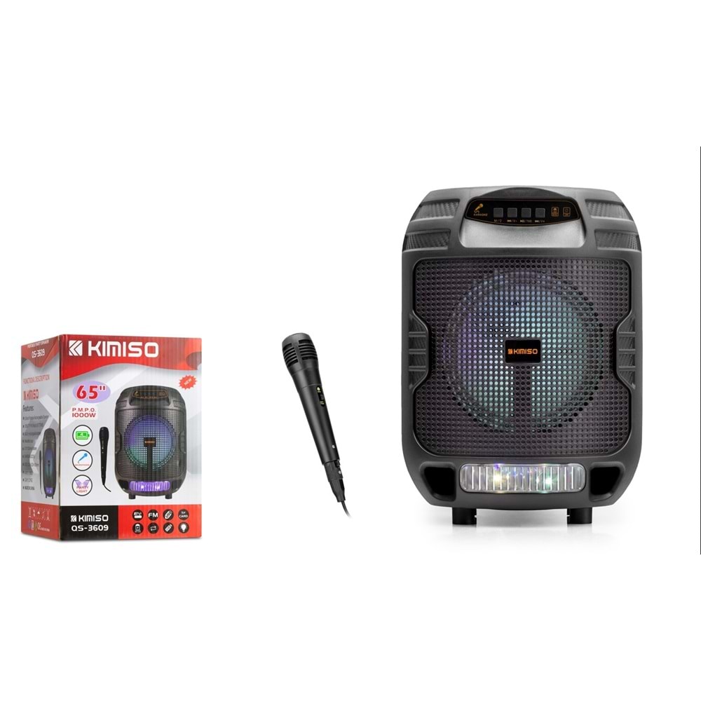KIMISO QS3609 Karaoke Mikrofonlu Bluetooth Hoparlör FM Radyo 6.5 İnç RGB Siyah