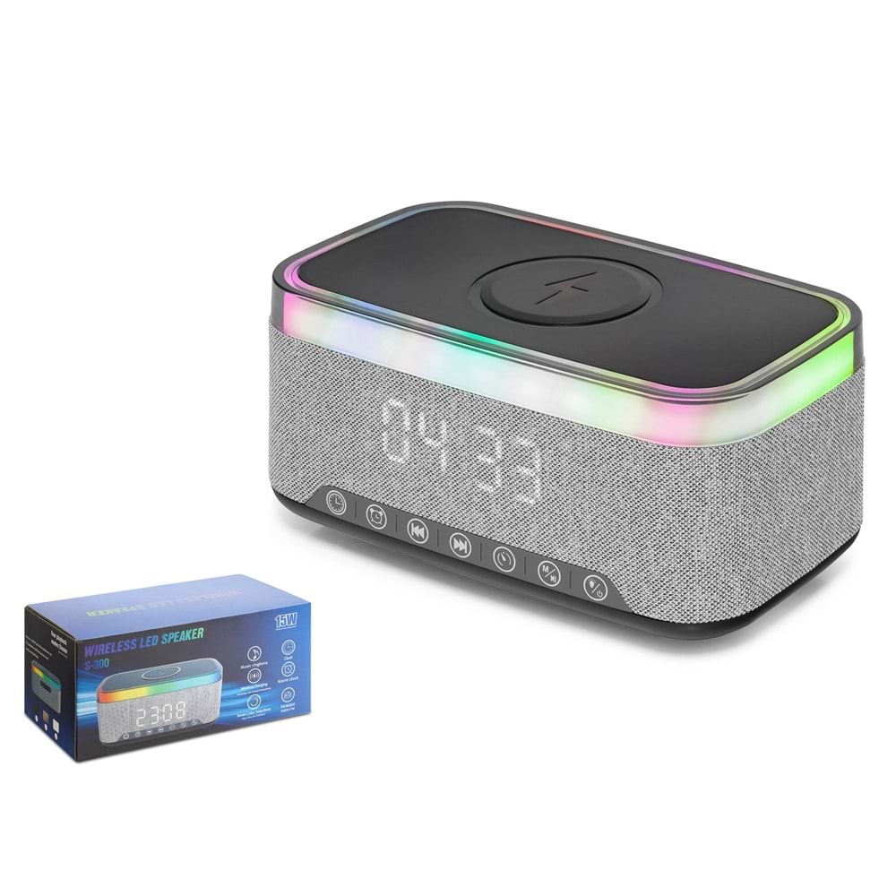 HADRON S300 Bluetooth Masaüstü Hoparlör 15W TWS FM Radyo USB TF Qi Kablosuz Şarjlı Saatli RGB Siyah