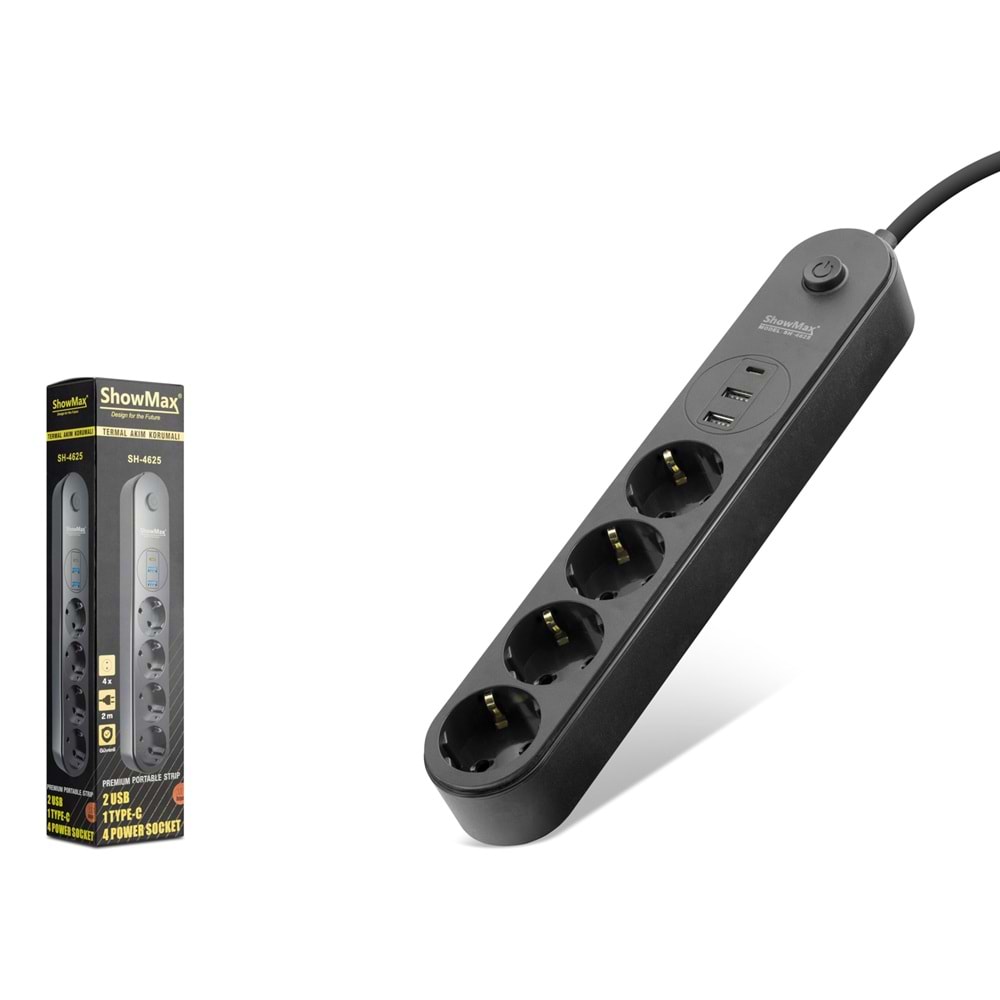 SHOWMAX SH4625 Termal Akım Korumalı Uzatma Kablosu 4 Priz 2 USB Type-C Anahtarlı 2 m Siyah