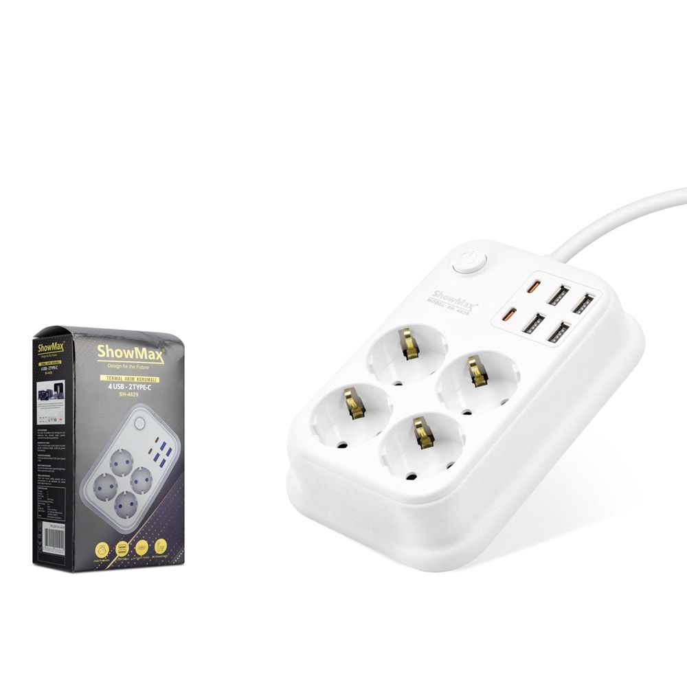 SHOWMAX SH4629 Topraklı Termal Akım Korumalı Uzatma Kablosu Anahtarlı 4 Priz 4 USB 2 Type-C 2 m Beyaz