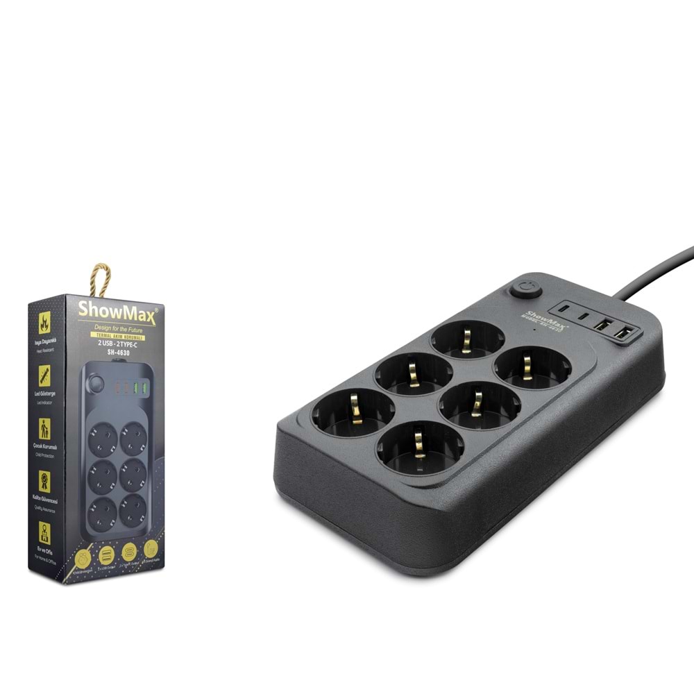 SHOWMAX SH4630 Termal Akım Korumalı Uzatma Kablosu 6 Priz 2 USB 2 Type-C Anahtarlı 2 m Siyah