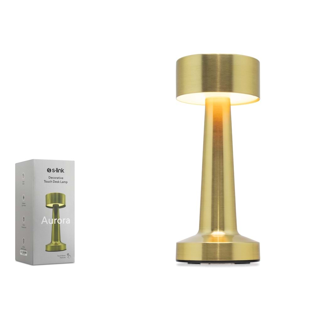 S-LINK SL-M9066 Aurora Dokunmatik Dekoratif Masa Lambası USB Şarjlı 1800 mAh 60 Lümen 3 Renk Gold
