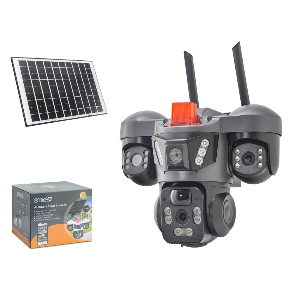 ONQAM ON-SW2366 Solar Wi-Fi IP Güvenlik Kamerası 3 x 2MP 4 mm V380 Pro Siyah