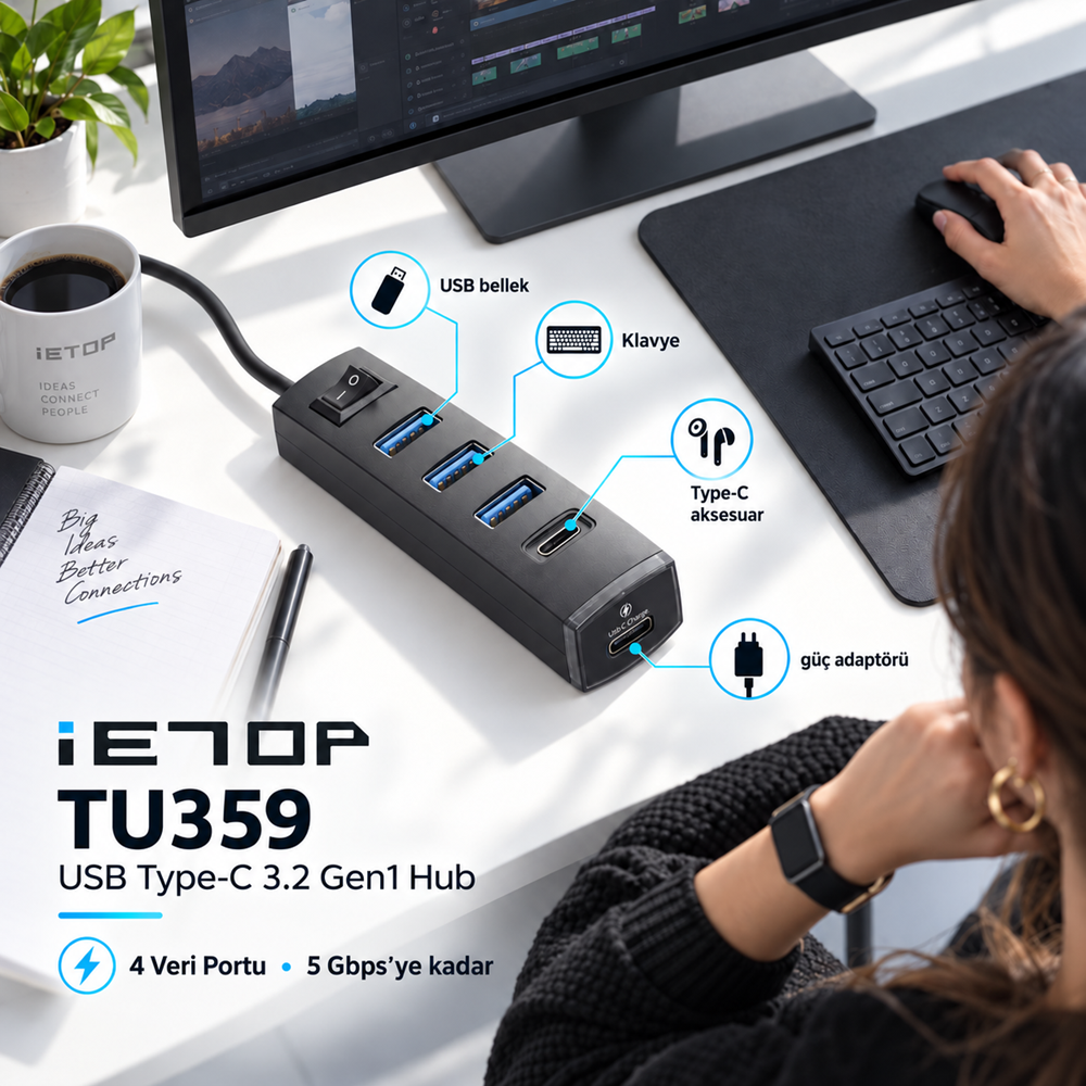 iETOP TU359 USB Type-C 3.2 Gen1 Anahtarlı Hub 4 Port 5 Gbps Siyah