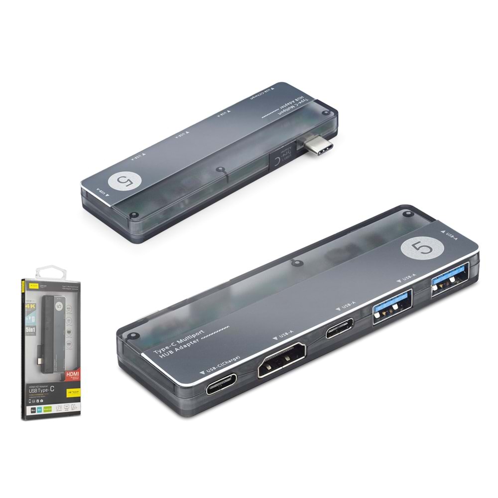iETOP TUH353 Type-C 3.1 Gen1 Combo Hub PD HDMI 4K 5 Port 5 Gbps Alüminyum Gri