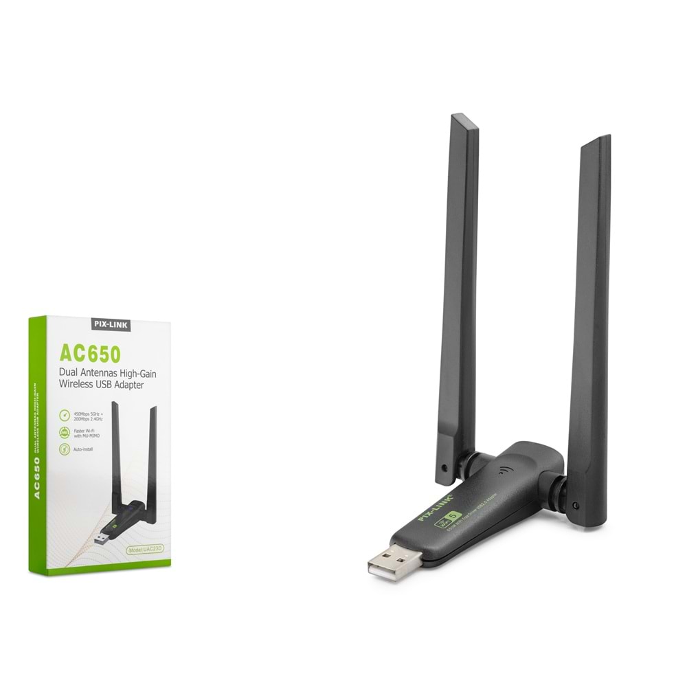 PIXLINK UAC23D USB WiFi Adaptörü AC650 Dual Band 5 GHz WiFi 5 Siyah