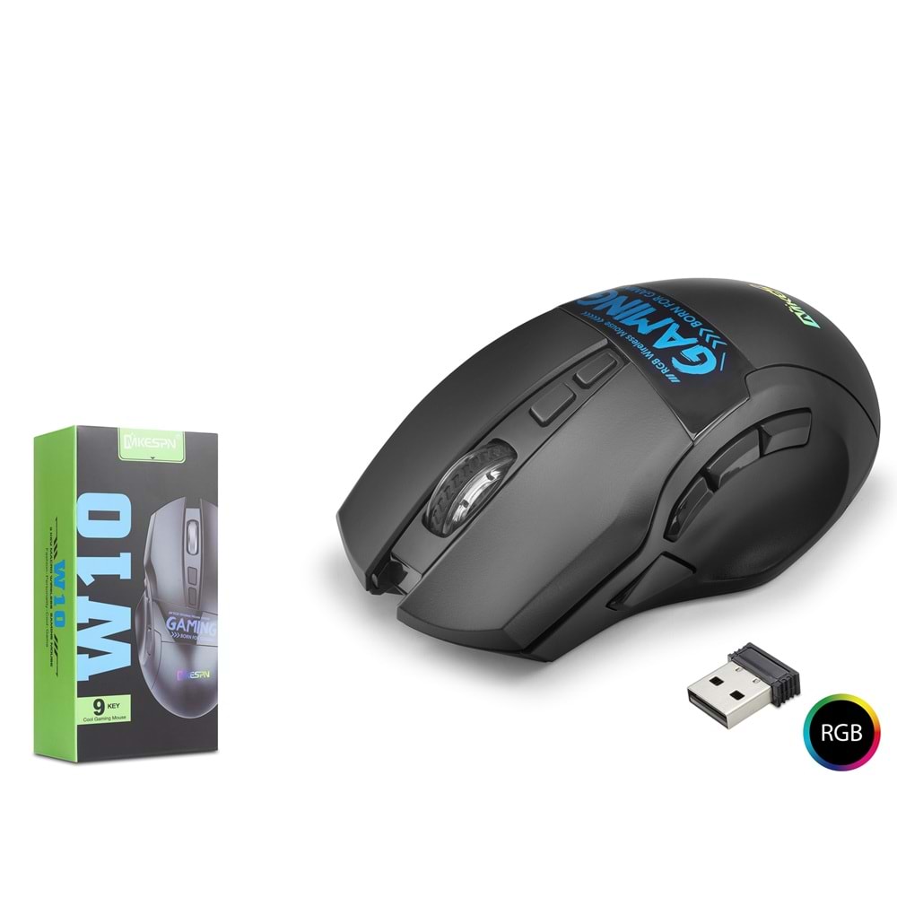 MKESPN W10 Dual Mode RGB Gaming Mouse 2.4 GHz Bluetooth 2400 DPI 9 Tuş Makro 500Hz Siyah