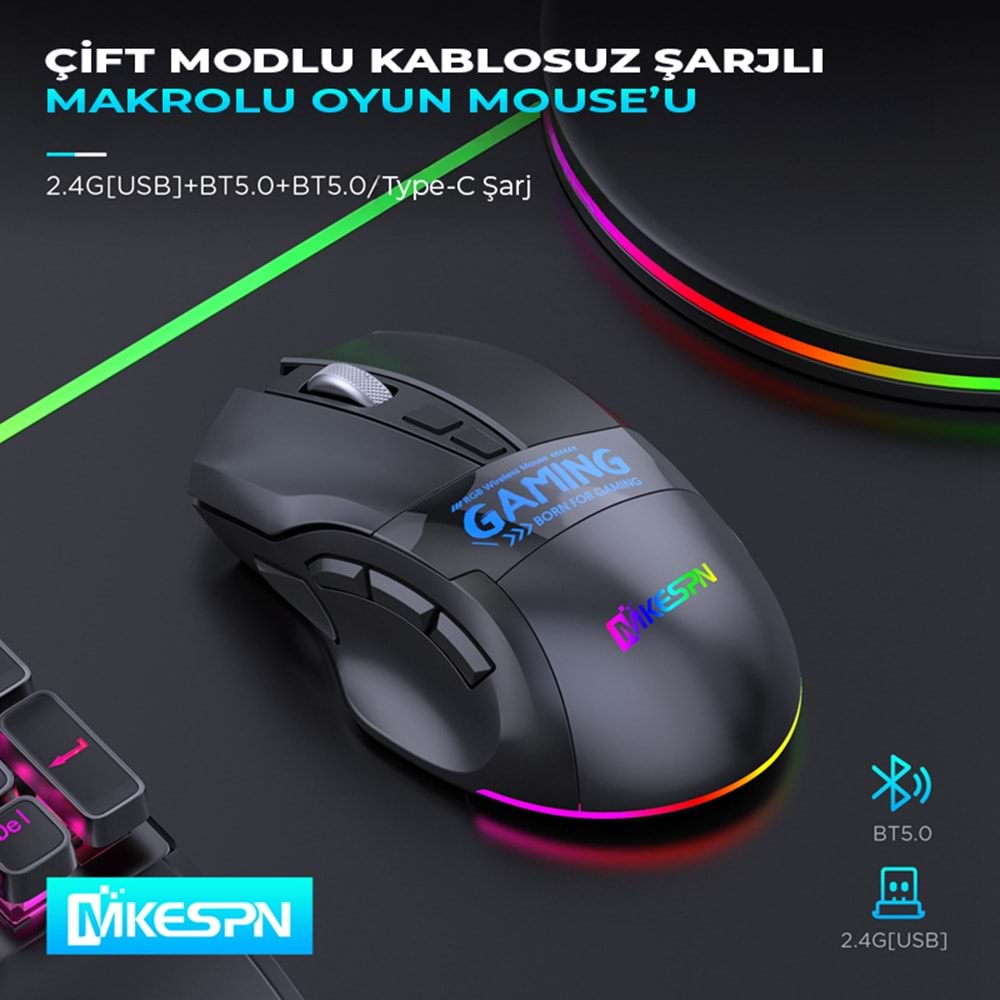 MKESPN W10 Dual Mode RGB Gaming Mouse 2.4 GHz Bluetooth 2400 DPI 9 Tuş Makro 500Hz Siyah
