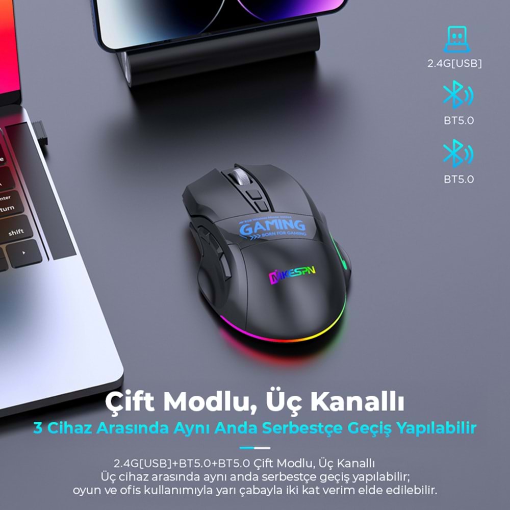 MKESPN W10 Dual Mode RGB Gaming Mouse 2.4 GHz Bluetooth 2400 DPI 9 Tuş Makro 500Hz Siyah