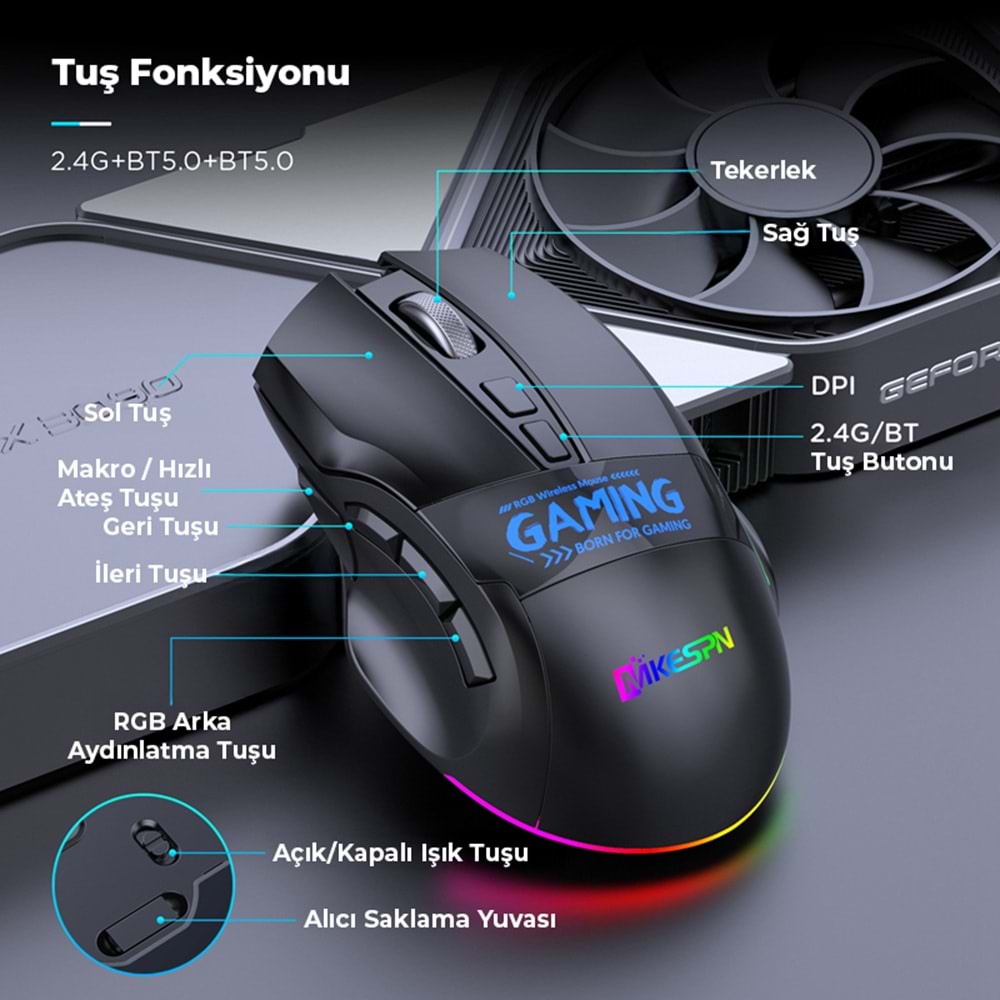 MKESPN W10 Dual Mode RGB Gaming Mouse 2.4 GHz Bluetooth 2400 DPI 9 Tuş Makro 500Hz Siyah
