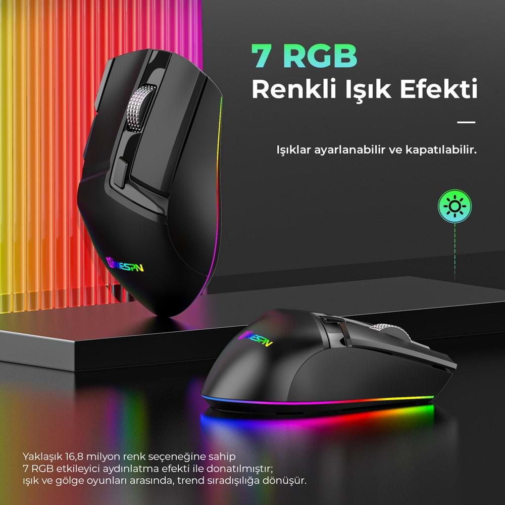 MKESPN W13 Dual Mode RGB Gaming Mouse 2.4 GHz Bluetooth 10000 DPI 10 Tuş Makro 1000Hz Siyah