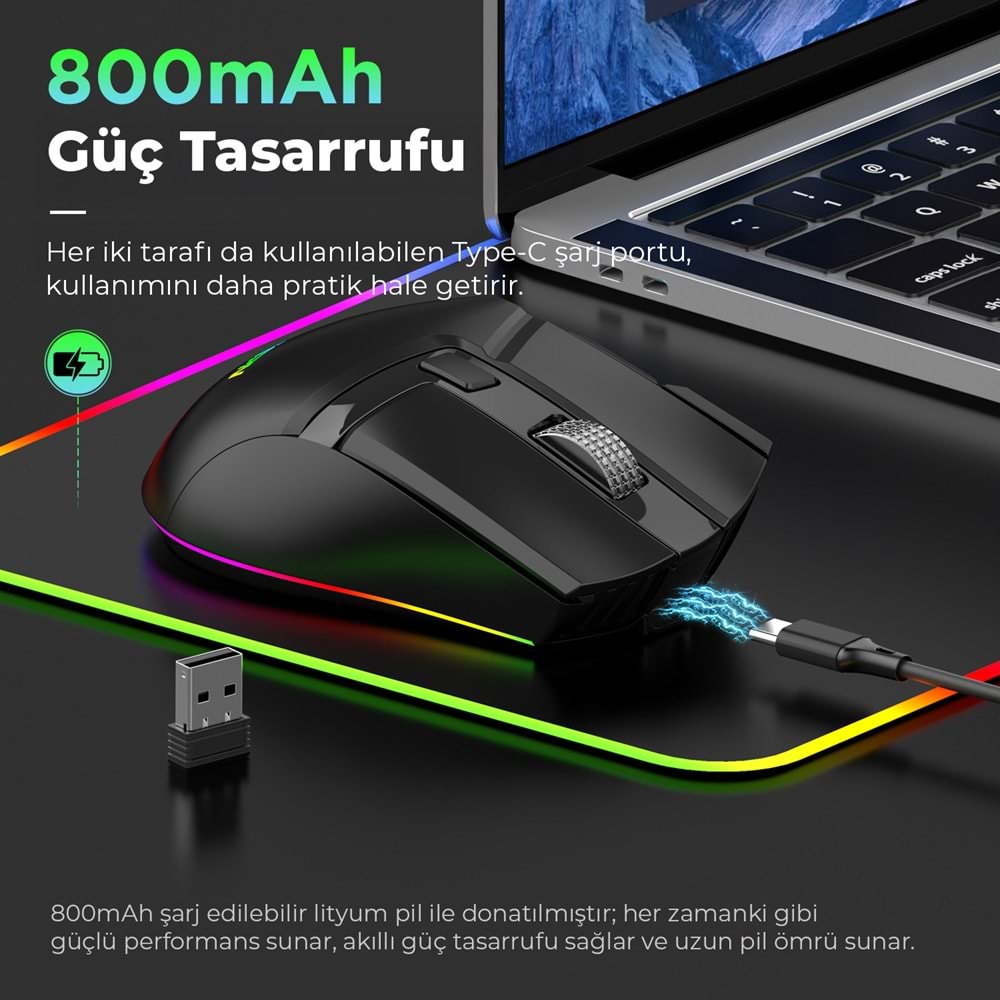 MKESPN W13 Dual Mode RGB Gaming Mouse 2.4 GHz Bluetooth 10000 DPI 10 Tuş Makro 1000Hz Siyah