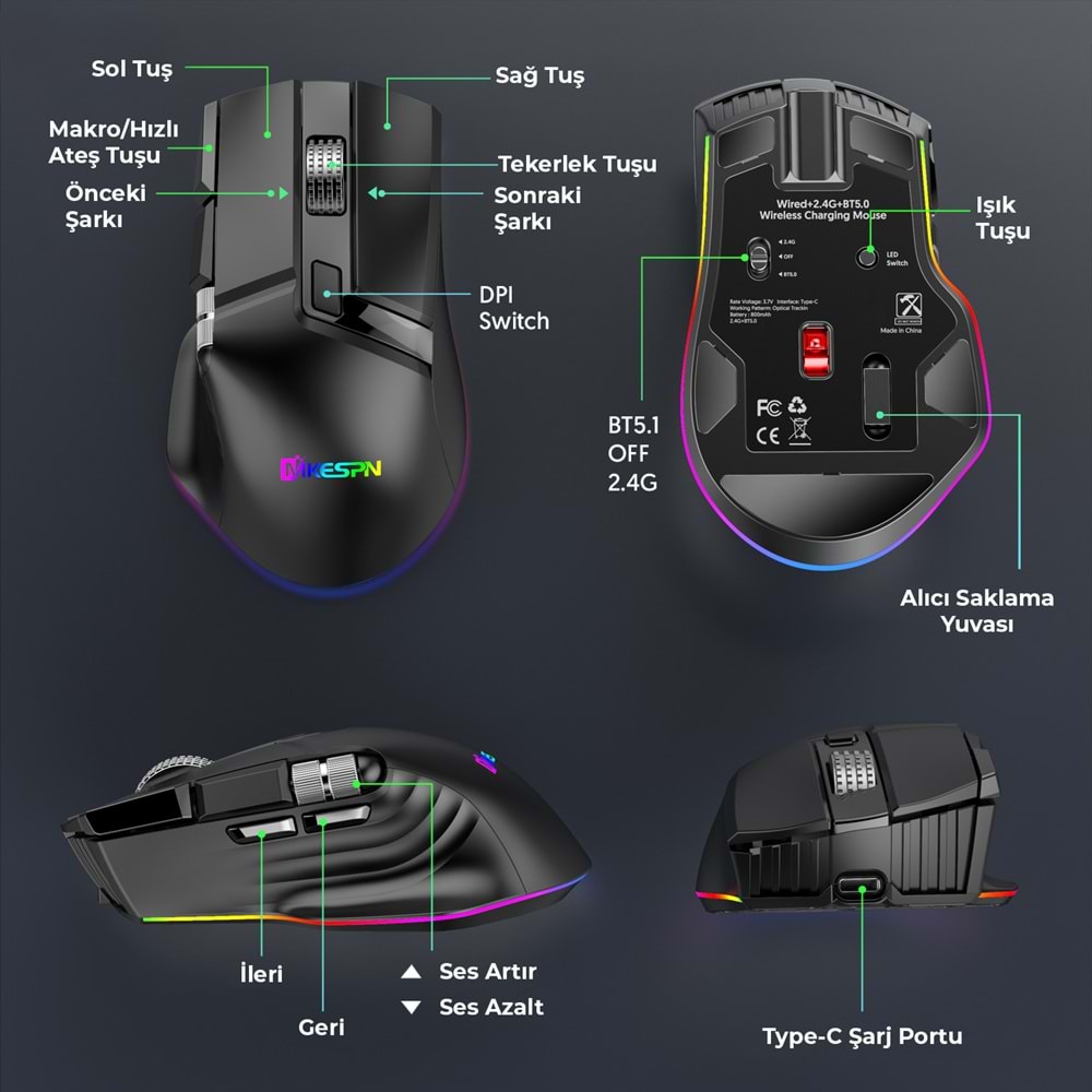 MKESPN W13 Dual Mode RGB Gaming Mouse 2.4 GHz Bluetooth 10000 DPI 10 Tuş Makro 1000Hz Siyah