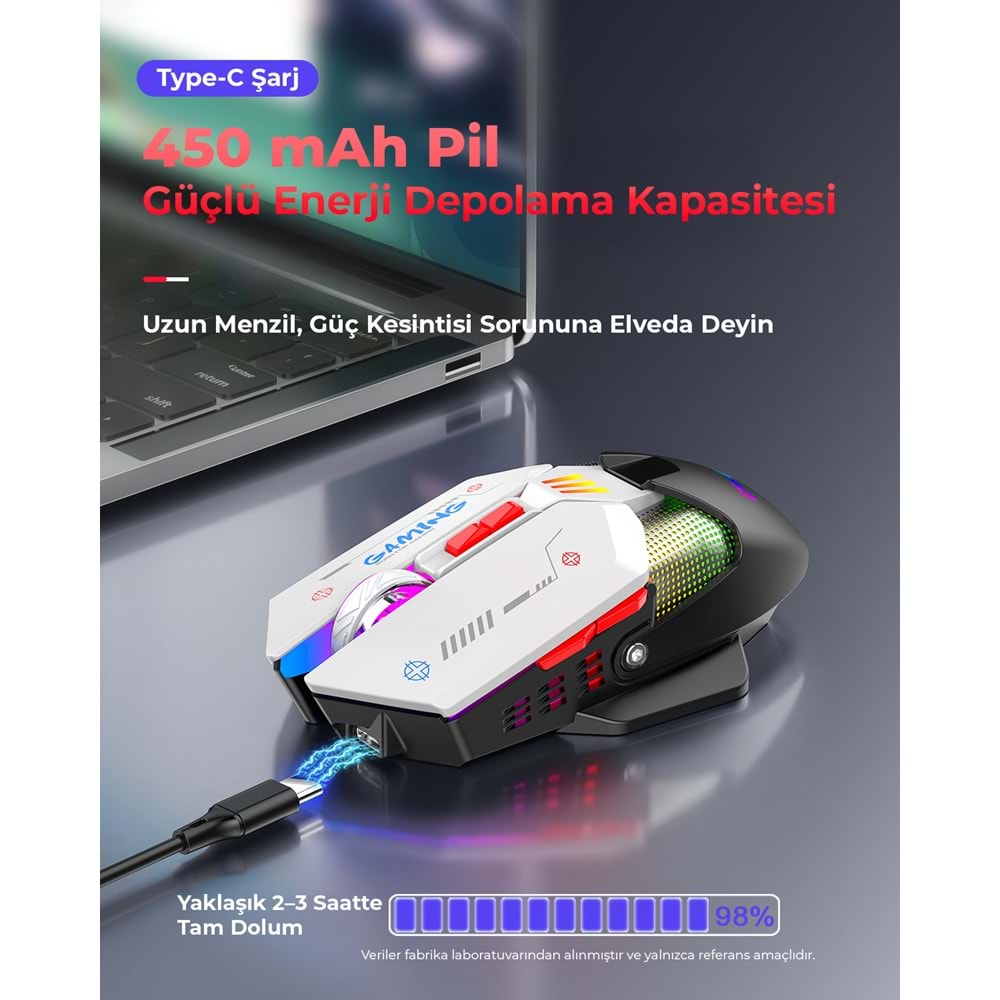 MKESPN W19 Tri Mode RGB Gaming Mouse 10000 DPI 7 Tuş Makro 1000Hz Siyah Beyaz