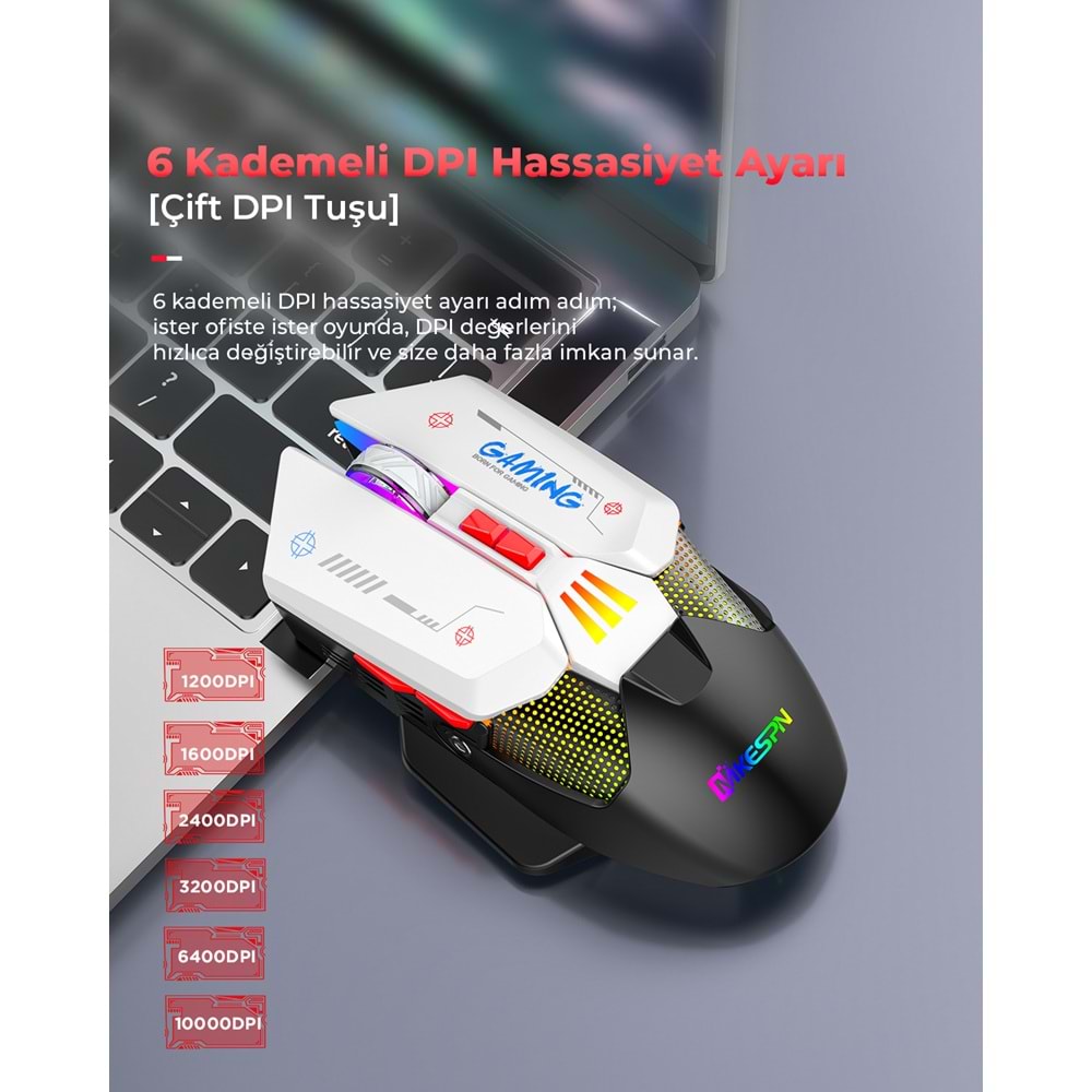 MKESPN W19 Tri Mode RGB Gaming Mouse 10000 DPI 7 Tuş Makro 1000Hz Siyah Beyaz