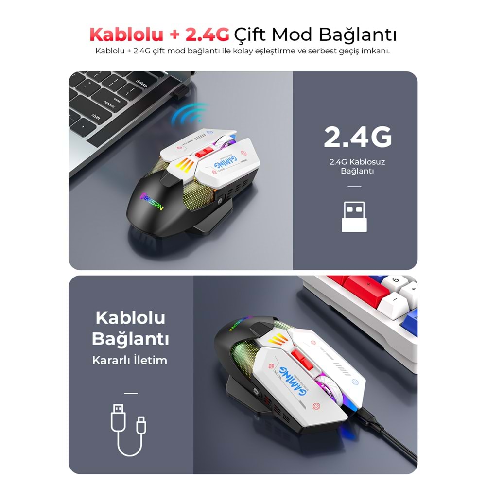 MKESPN W19 Tri Mode RGB Gaming Mouse 10000 DPI 7 Tuş Makro 1000Hz Siyah Beyaz