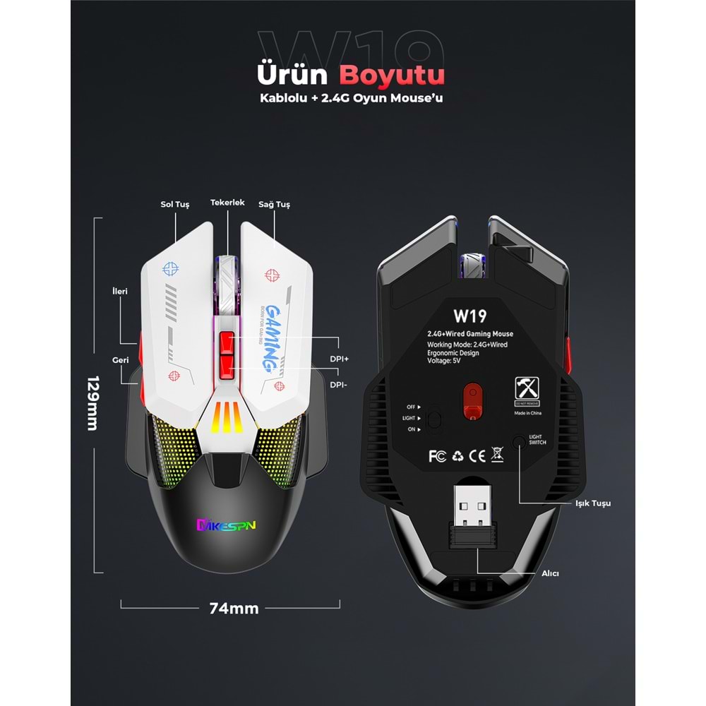 MKESPN W19 Tri Mode RGB Gaming Mouse 10000 DPI 7 Tuş Makro 1000Hz Siyah Beyaz