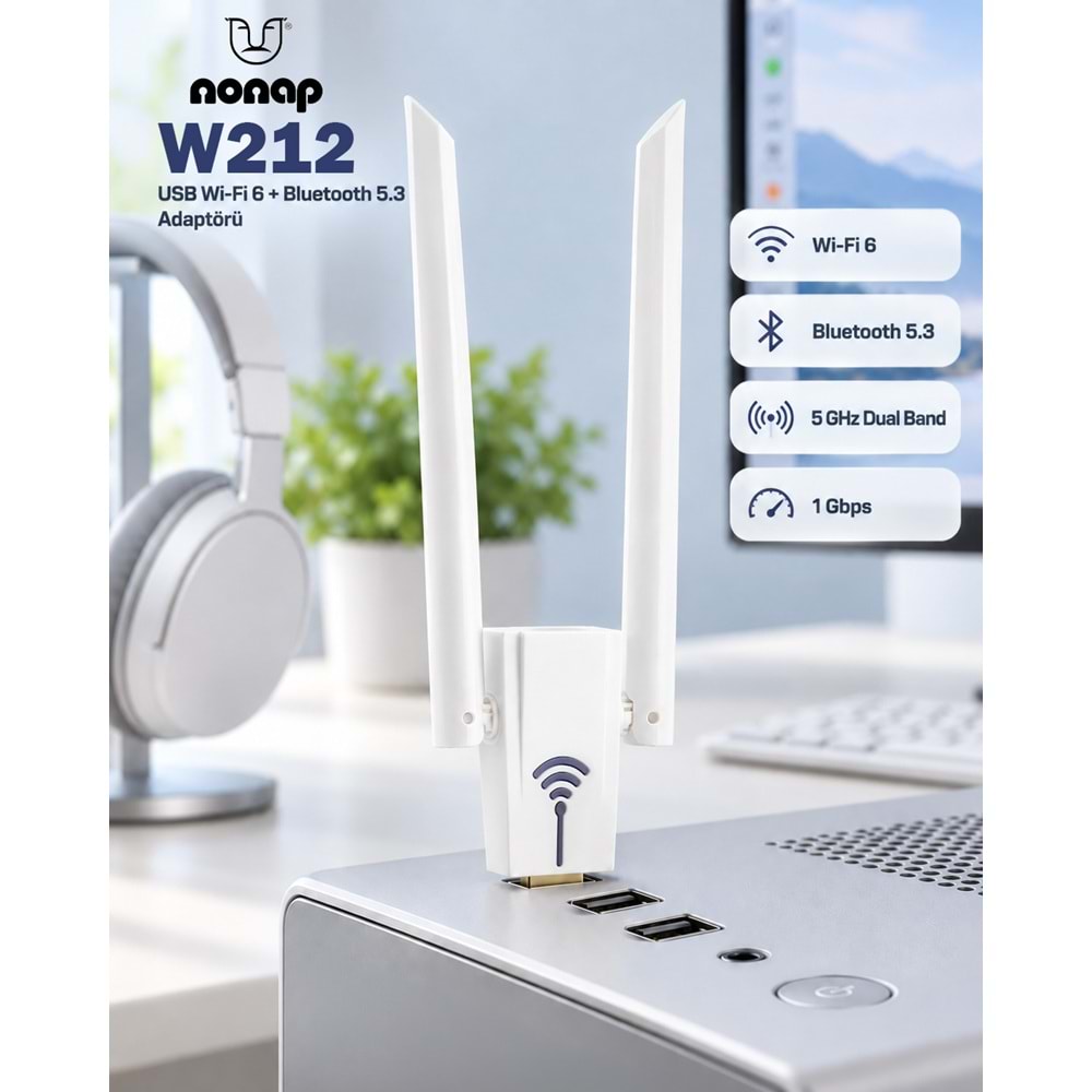 NONAP W212 USB WiFi 6 Bluetooth 5.3 Adaptörü 1 Gbps 5 GHz Dual Band Beyaz