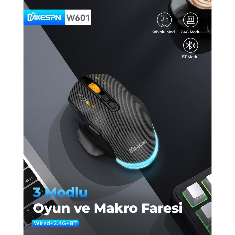 MKESPN W601W Tri Mode RGB Gaming Mouse 12800 DPI 7 Tuş Makro 1000Hz Beyaz