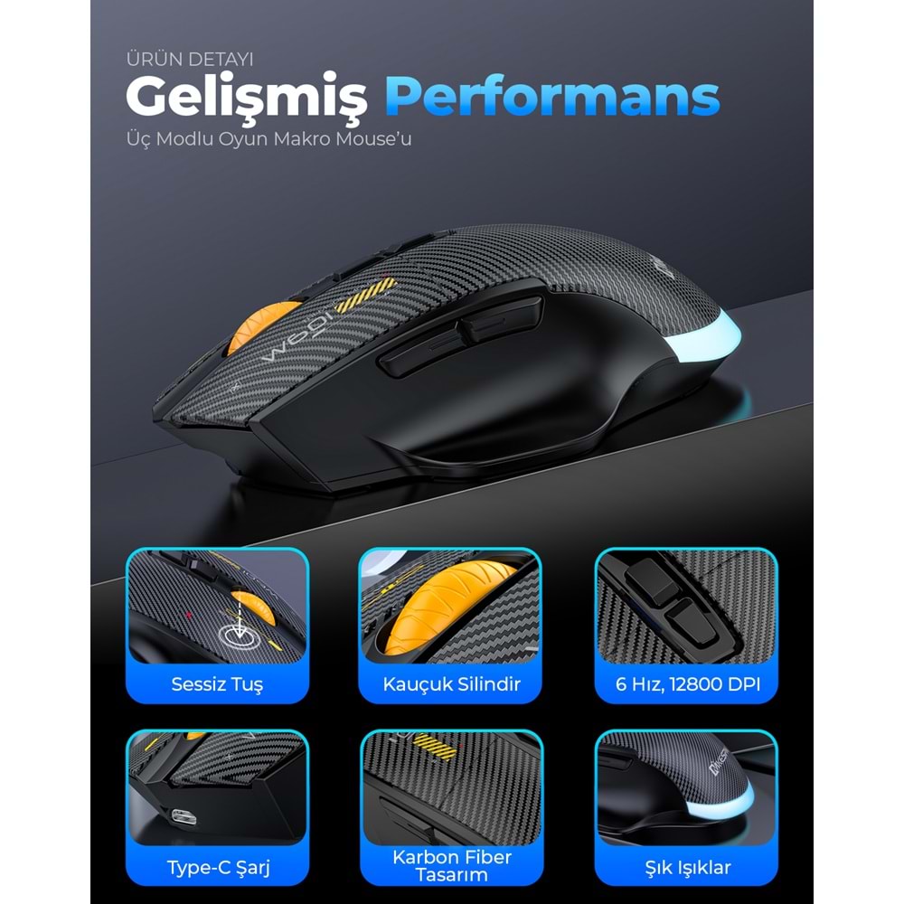 MKESPN W601W Tri Mode RGB Gaming Mouse 12800 DPI 7 Tuş Makro 1000Hz Beyaz