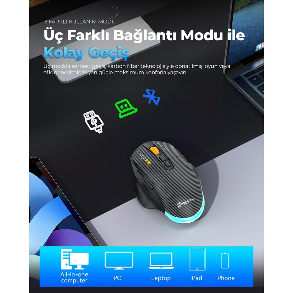 MKESPN W601W Tri Mode RGB Gaming Mouse 12800 DPI 7 Tuş Makro 1000Hz Beyaz