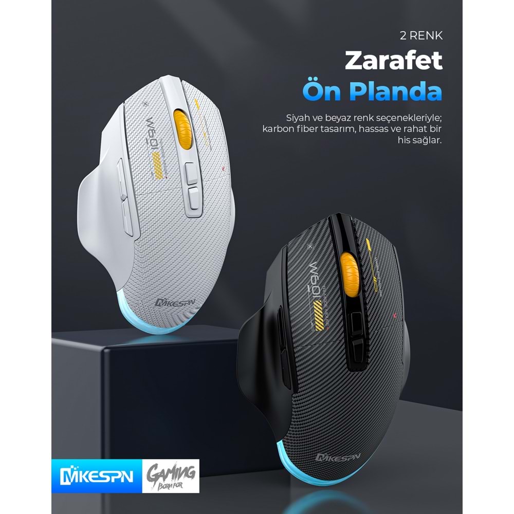 MKESPN W601W Tri Mode RGB Gaming Mouse 12800 DPI 7 Tuş Makro 1000Hz Beyaz