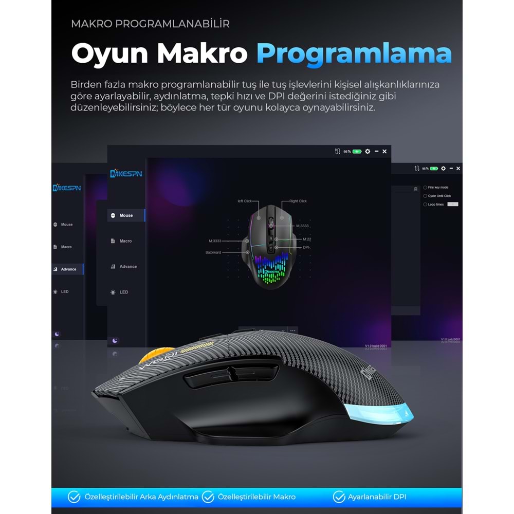 MKESPN W601W Tri Mode RGB Gaming Mouse 12800 DPI 7 Tuş Makro 1000Hz Beyaz