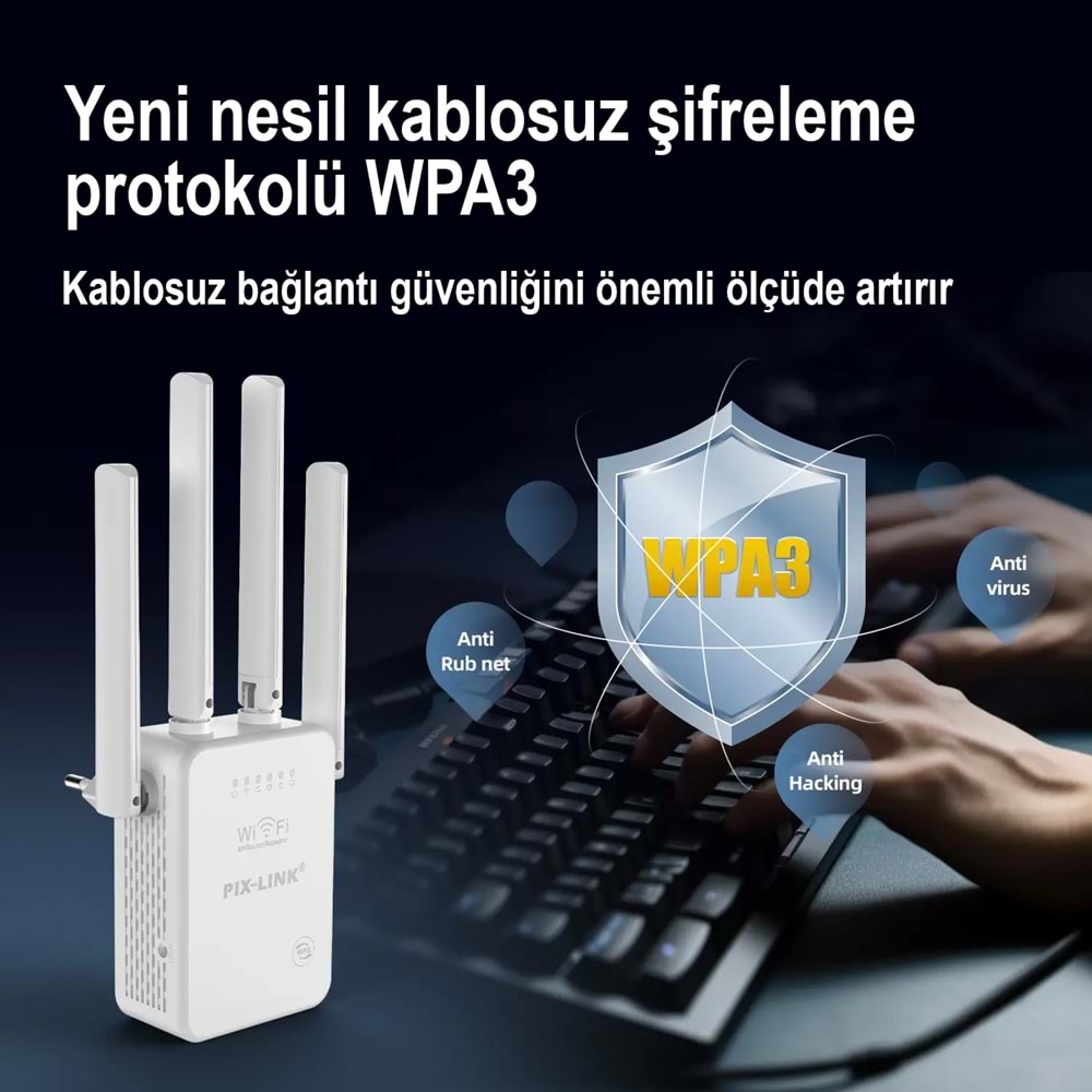 PIXLINK WR47D4Q WiFi Repeater Router Access Point 300 Mbps Beyaz