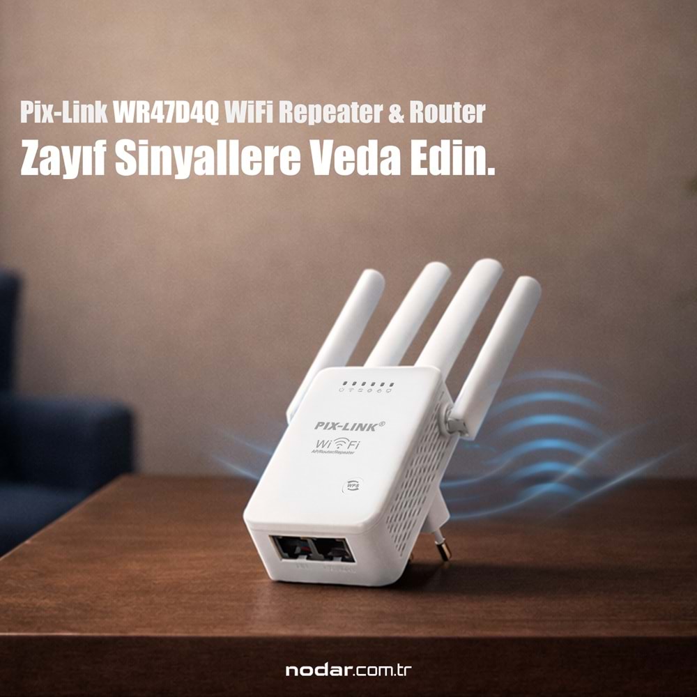 PIXLINK WR47D4Q WiFi Repeater Router Access Point 300 Mbps Beyaz
