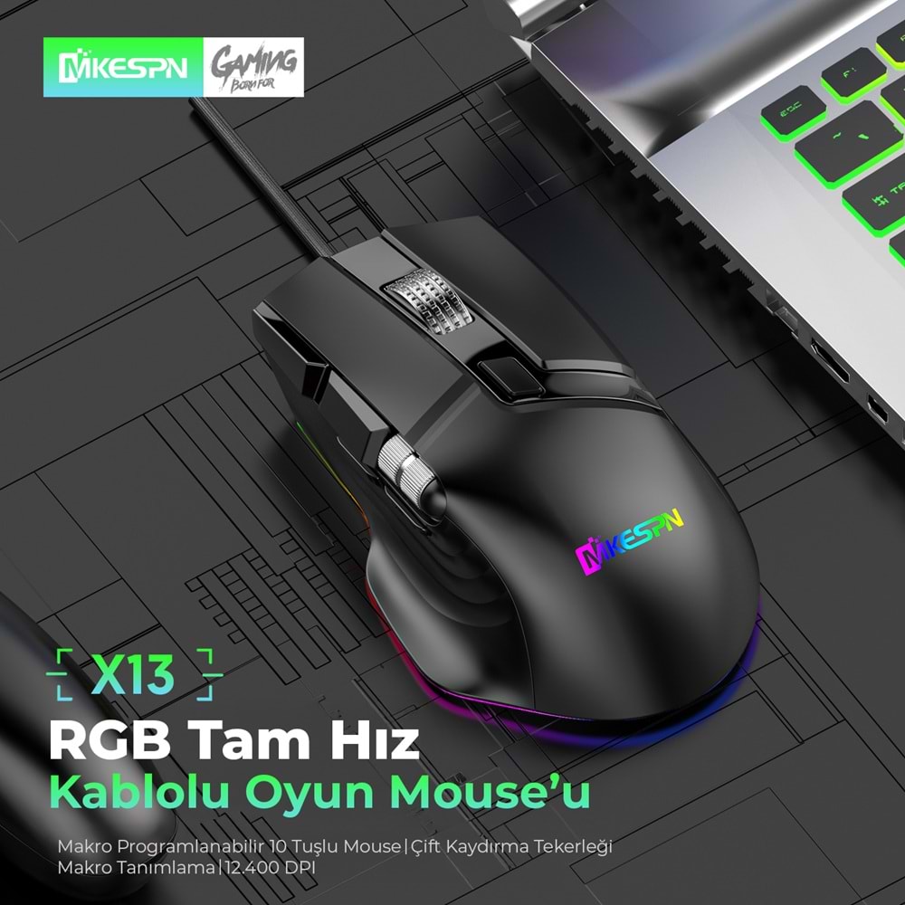 MKESPN X13 RGB Gaming Mouse 12400 DPI 10 Tuş Makro 1000Hz Siyah