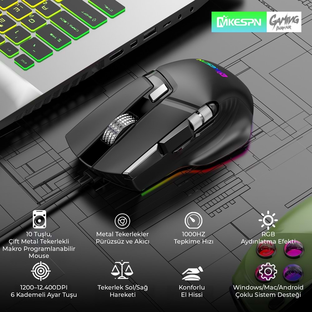 MKESPN X13 RGB Gaming Mouse 12400 DPI 10 Tuş Makro 1000Hz Siyah