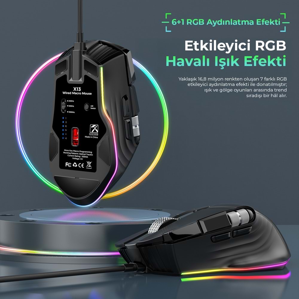 MKESPN X13 RGB Gaming Mouse 12400 DPI 10 Tuş Makro 1000Hz Siyah