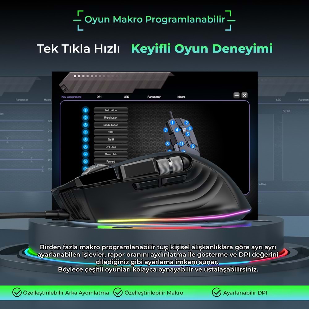 MKESPN X13 RGB Gaming Mouse 12400 DPI 10 Tuş Makro 1000Hz Siyah