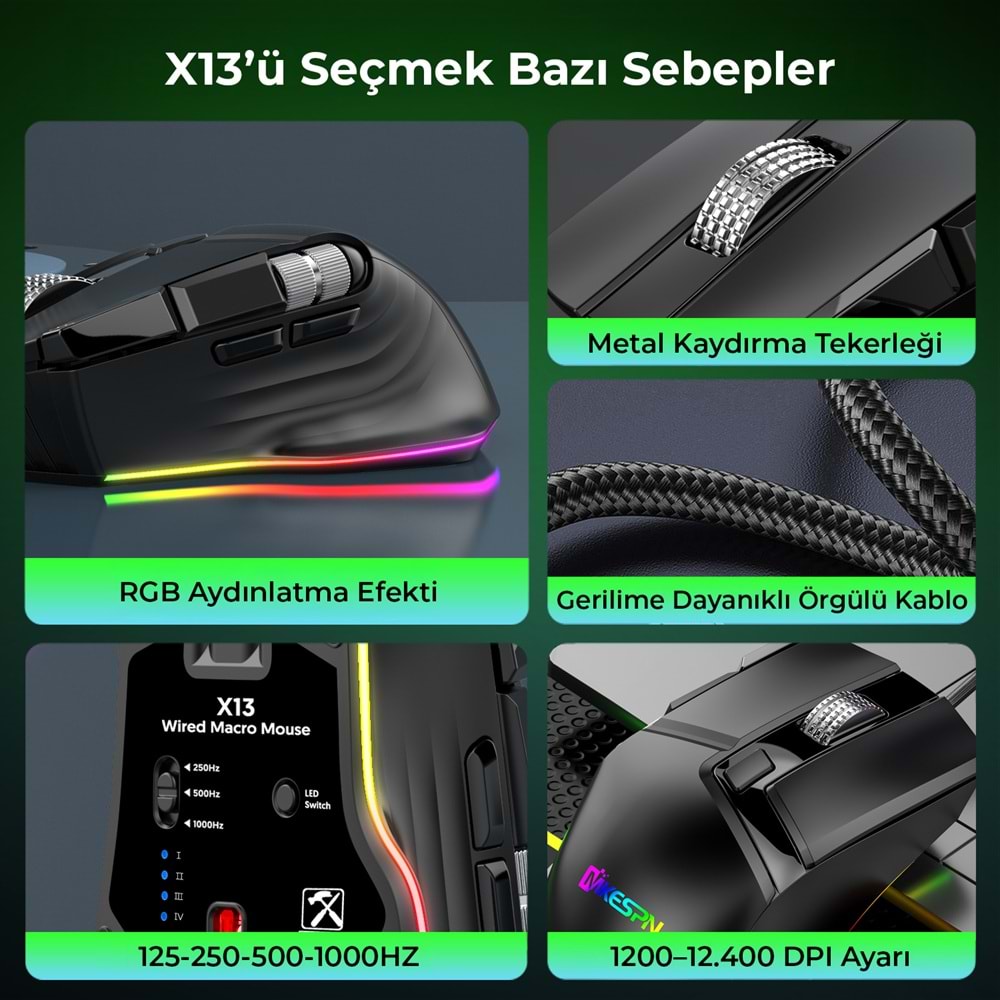 MKESPN X13 RGB Gaming Mouse 12400 DPI 10 Tuş Makro 1000Hz Siyah