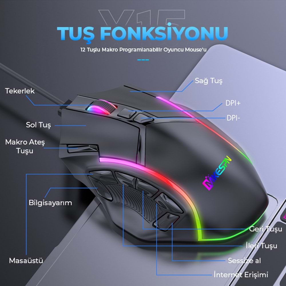 MKESPN X15 RGB Gaming Mouse 12800 DPI 12 Tuş Makro 1000Hz Siyah