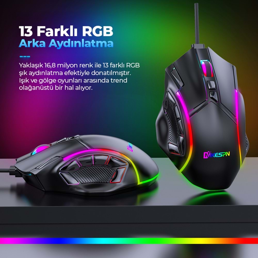 MKESPN X15 RGB Gaming Mouse 12800 DPI 12 Tuş Makro 1000Hz Siyah