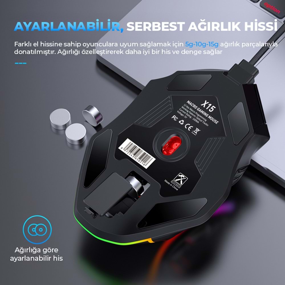 MKESPN X15 RGB Gaming Mouse 12800 DPI 12 Tuş Makro 1000Hz Siyah