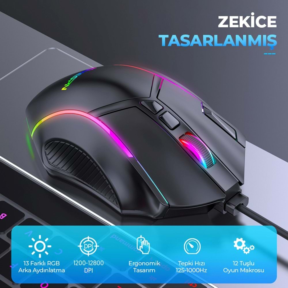 MKESPN X15 RGB Gaming Mouse 12800 DPI 12 Tuş Makro 1000Hz Siyah