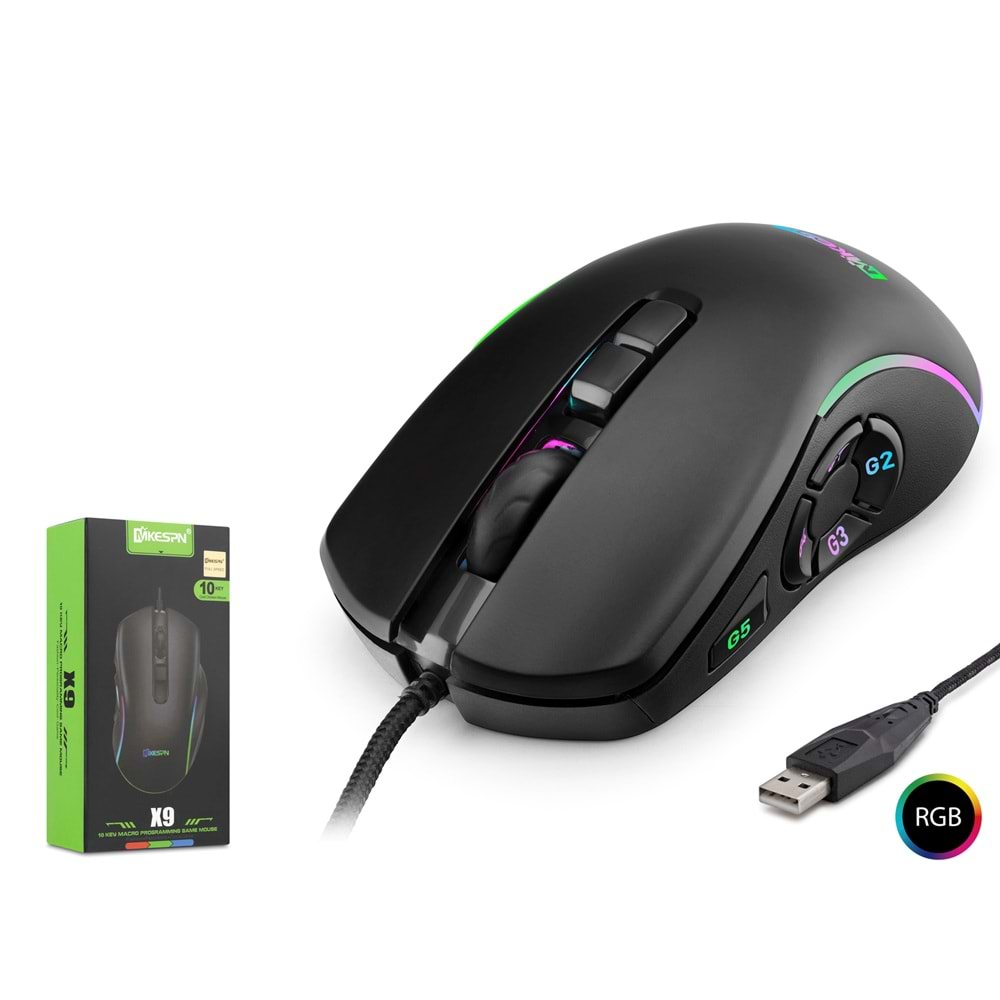 MKESPN X9 RGB Gaming Mouse 12800 DPI 10 Tuş Makro 1000Hz Siyah