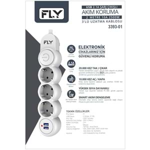 FLY 3393-01 Termal Akım Korumalı Uzatma Kablosu 3 Priz 2 USB Anahtarlı 2 m Beyaz