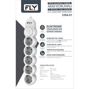 FLY 3394-01 Termal Akım Korumalı Uzatma Kablosu 5 Priz Anahtarlı 2 m Beyaz