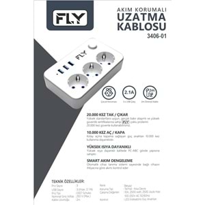 FLY 3406-01 Termal Akım Korumalı Uzatma Kablosu 3 Priz 3 USB Anahtarlı 2 m Beyaz