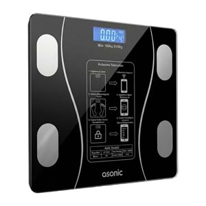 ASONIC BS260S Bluetooth Dijital Baskül 180 kg Cam Yüzey 2 AAA Pil Siyah