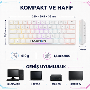 HADRON G508B Mekanik Gaming Mini Klavye Blue Switch RGB 61 Tuş Beyaz