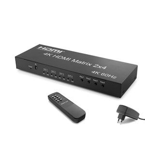 HADRON HDX1388 HDMI Matrix Switch Ses Çıkışlı Kumandalı 4K 60 Hz 2 Giriş 4 Çıkış Siyah